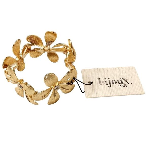 Gold Tone Brass Sculpted Flower with Diamond Cut Crystal Stretch Bracelet - Picture 6 of 6